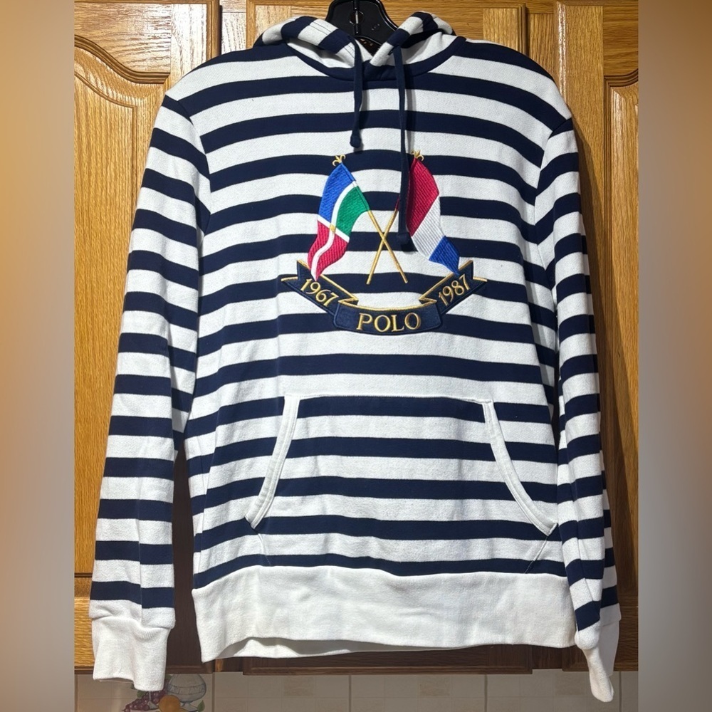 Polo Ralph Lauren Striped Cross Flags Hoodie Sweatshirt White Navy Blue Medium